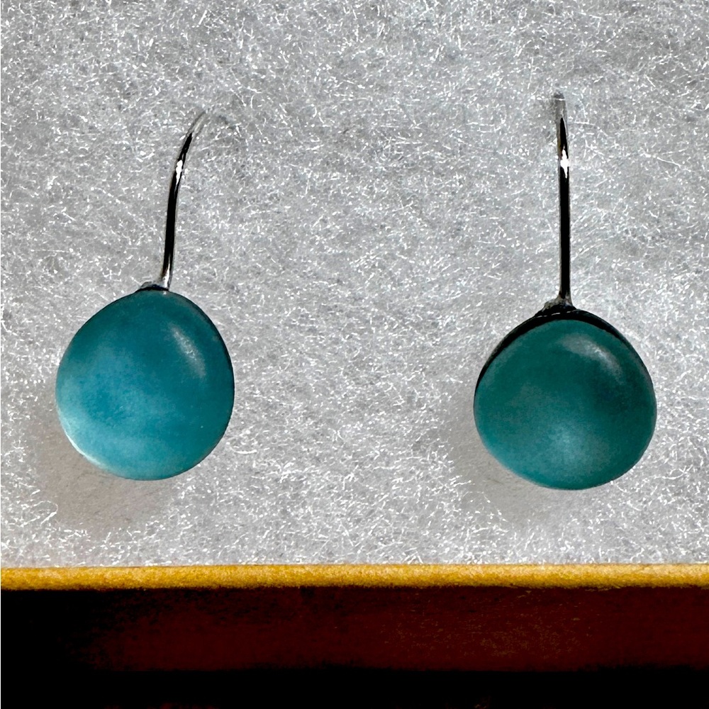 Aqua Resin Round Earrings with Sterling Silver‎ Hooks